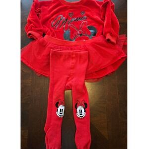Disney Baby Minnie Mouse Red Velour Sweatshirt Tutu Skirt and Tights Set 6-9M